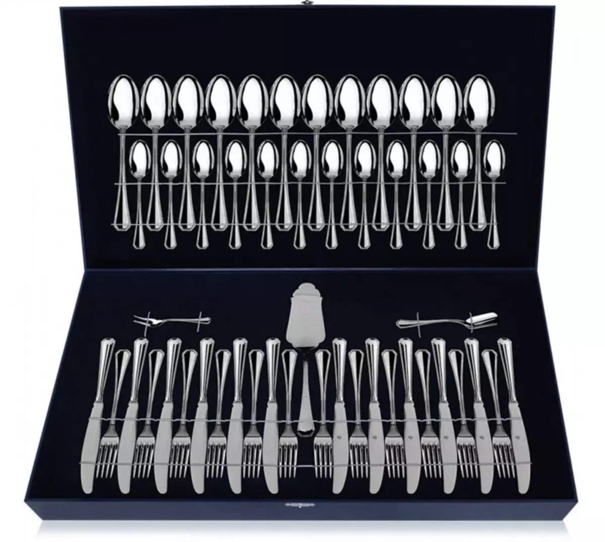 Sets of takeLery: një grup forks, thika dhe lugë për 6 dhe 24 persona, opsionet e dhuruara të regjistruara, pasqyrë e grupeve në një valixhe 24977_18