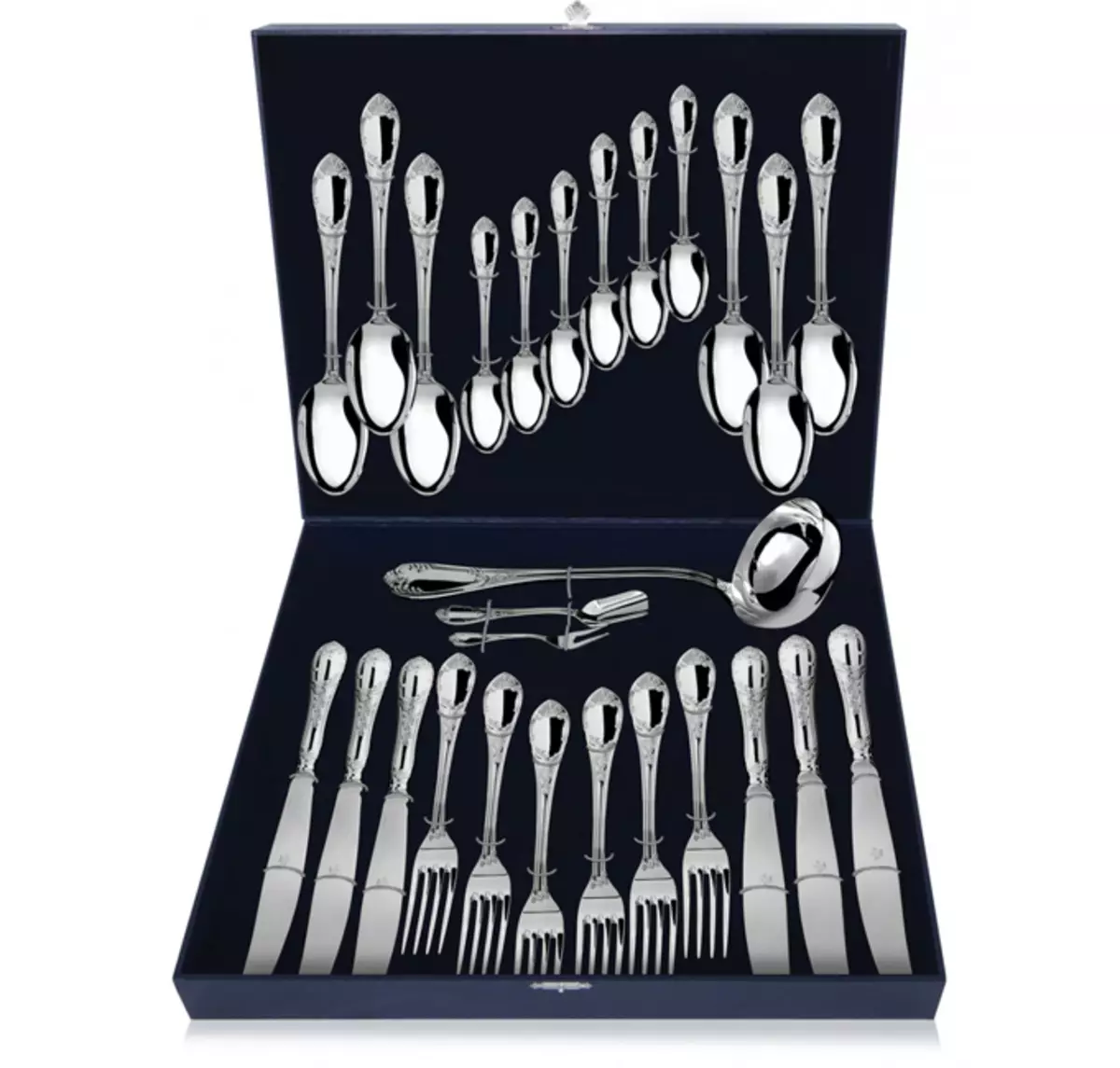 Поставувања на прибор за јадење: сет на вилушки, ножеви и лажици за 6 и 24 лица, регистрирани подарок опции, преглед на множества во куфер 24977_19