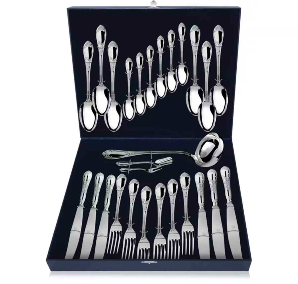 Set tina cutlery: susunan garpu, pegat sareng spoons pikeun 6 sareng 24 jalma anu kadaptar, pilihan kado anu kadaptar, tinju tina set dina koper 24977_19