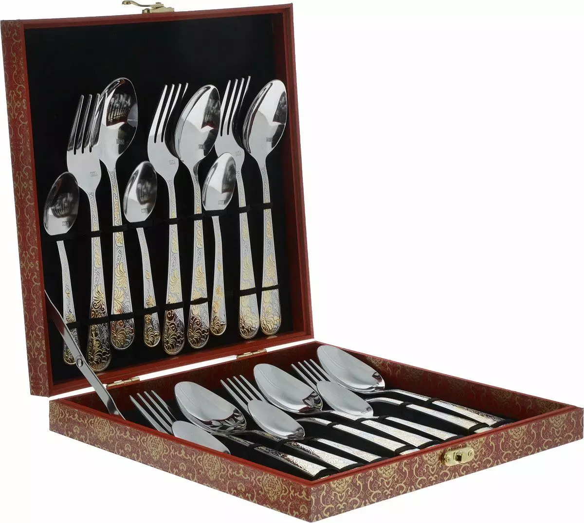 Sets van bestek: een set van vorken, messen en lepels voor 6 en 24 personen, geregistreerd gift opties, overzicht van de sets in een koffer 24977_2