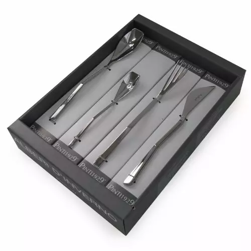 Set tina cutlery: susunan garpu, pegat sareng spoons pikeun 6 sareng 24 jalma anu kadaptar, pilihan kado anu kadaptar, tinju tina set dina koper 24977_25