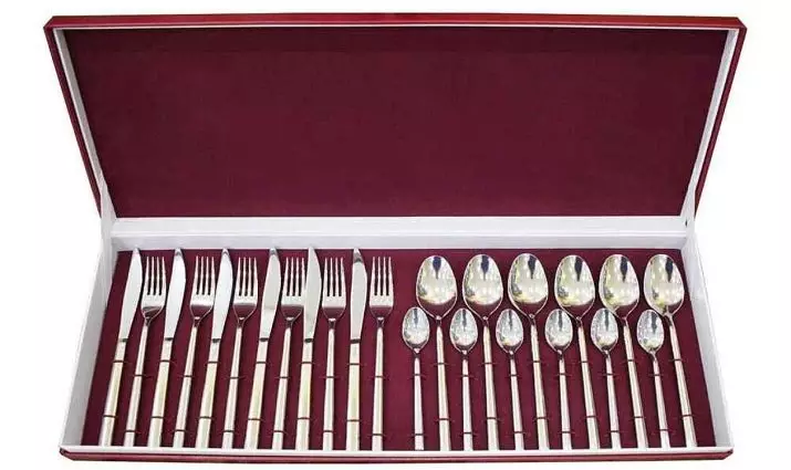 Set tina cutlery: susunan garpu, pegat sareng spoons pikeun 6 sareng 24 jalma anu kadaptar, pilihan kado anu kadaptar, tinju tina set dina koper 24977_31