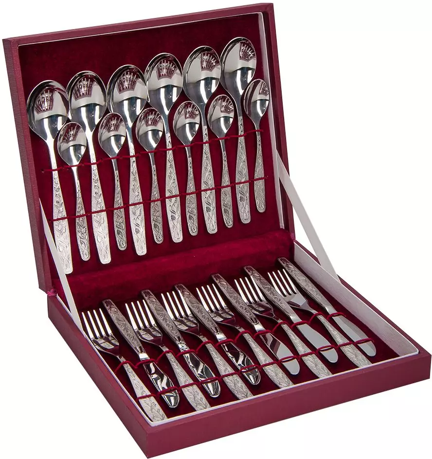 Поставувања на прибор за јадење: сет на вилушки, ножеви и лажици за 6 и 24 лица, регистрирани подарок опции, преглед на множества во куфер 24977_36