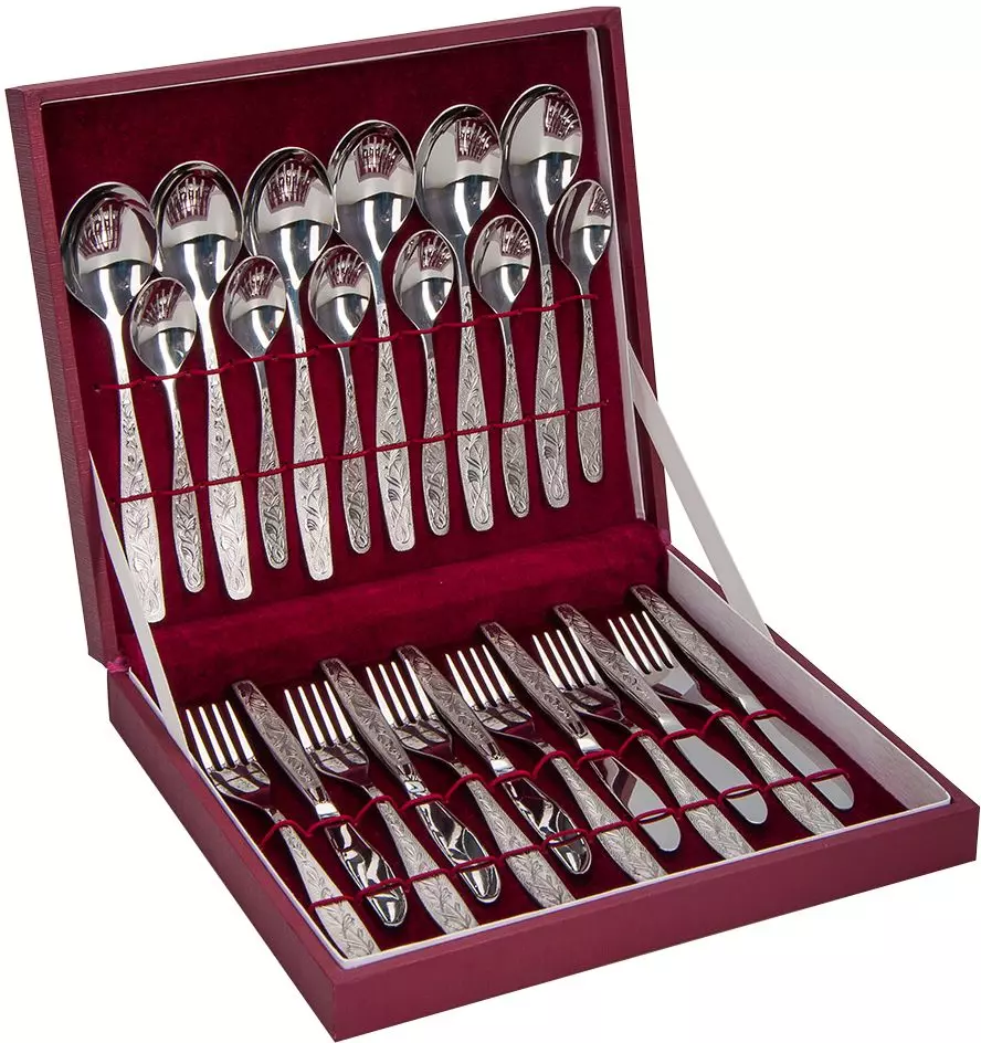 Sets of takeLery: një grup forks, thika dhe lugë për 6 dhe 24 persona, opsionet e dhuruara të regjistruara, pasqyrë e grupeve në një valixhe 24977_36