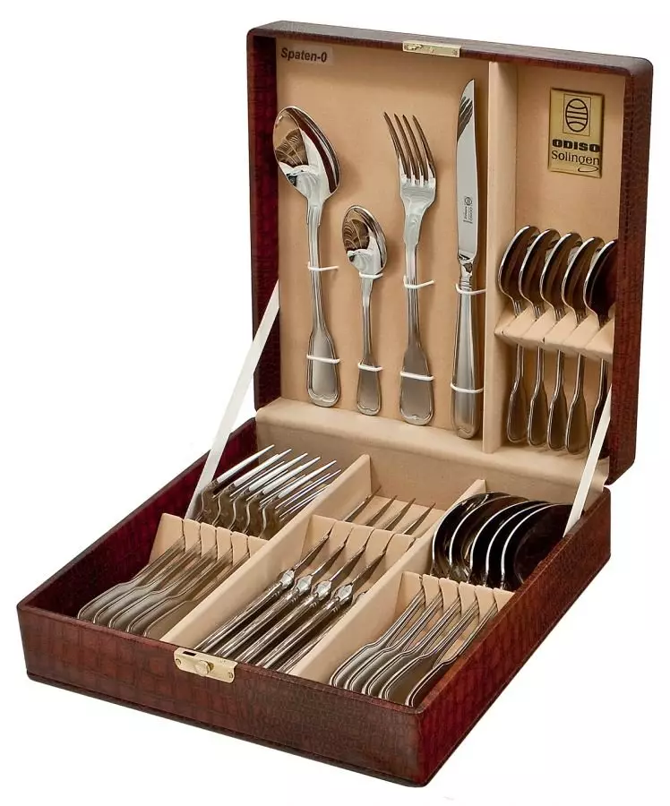 Set tina cutlery: susunan garpu, pegat sareng spoons pikeun 6 sareng 24 jalma anu kadaptar, pilihan kado anu kadaptar, tinju tina set dina koper 24977_43