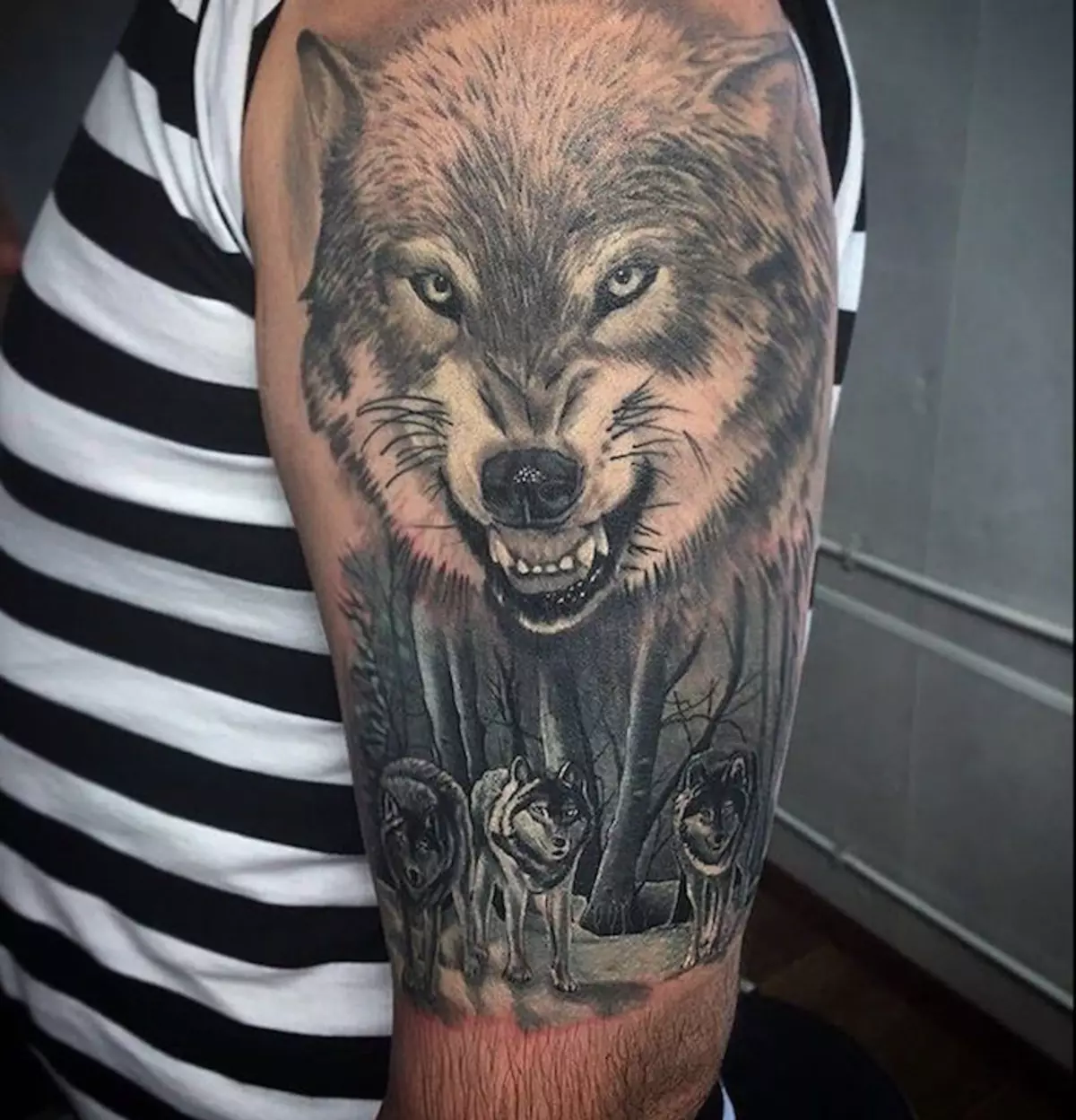 Tattoo "Oskal Wolf" (43 fotoj): Valoro kaj skizoj, tatuoj kun lupo muelanta sur la ŝultro kaj sur la brusto, sur la antaŭbrako kaj en aliaj partoj de la korpo