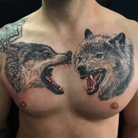 タトゥー「Oskal Wolf」（43写真）：価値とスケッチ、肩に粉砕されたオオカミの入れ墨、胸の上、前腕の他の地域で 249_23