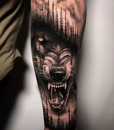 纹身“Oskal Wolf”（43张照片）：价值和素描，纹身用狼磨在肩部和胸部，在前臂和身体的其他部位 249_25