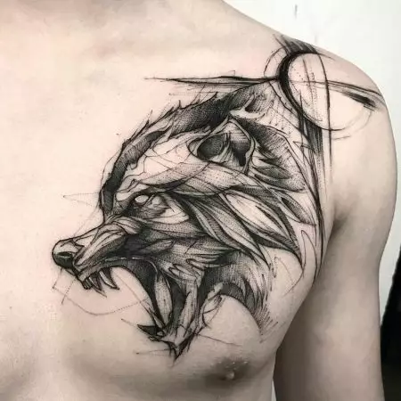 纹身“Oskal Wolf”（43张照片）：价值和素描，纹身用狼磨在肩部和胸部，在前臂和身体的其他部位 249_28
