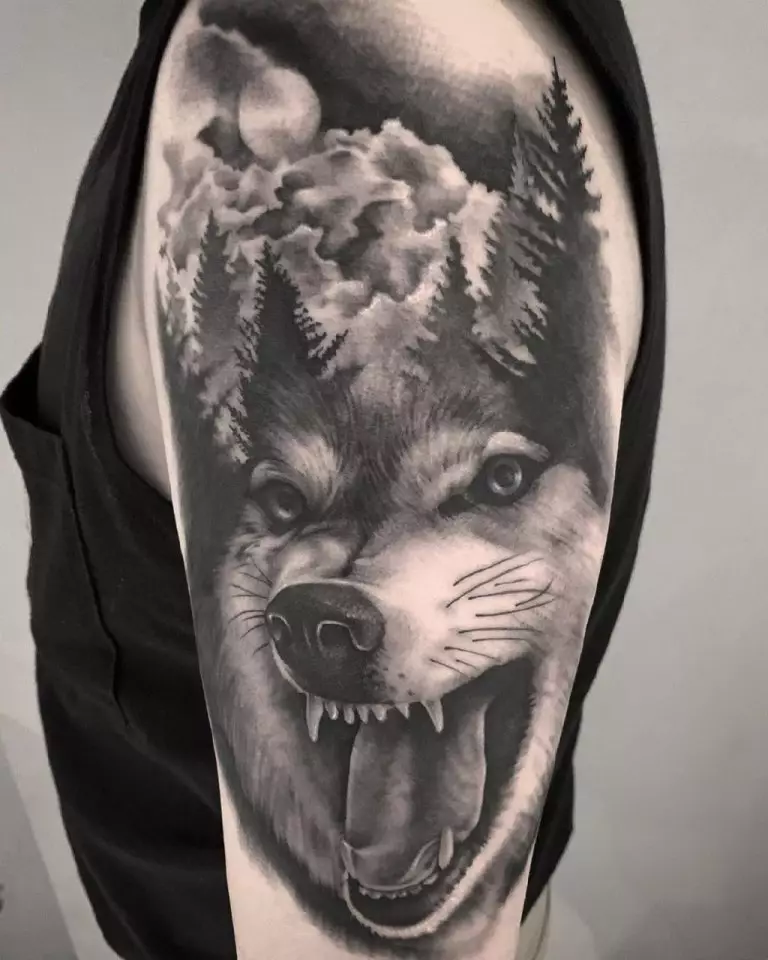 纹身“Oskal Wolf”（43张照片）：价值和素描，纹身用狼磨在肩部和胸部，在前臂和身体的其他部位 249_34