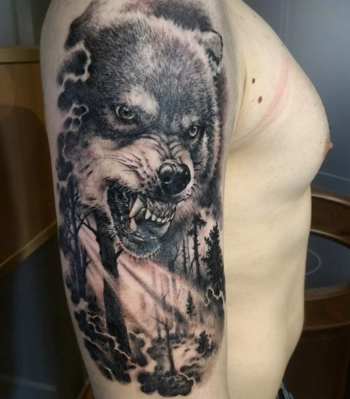 纹身“Oskal Wolf”（43张照片）：价值和素描，纹身用狼磨在肩部和胸部，在前臂和身体的其他部位 249_35