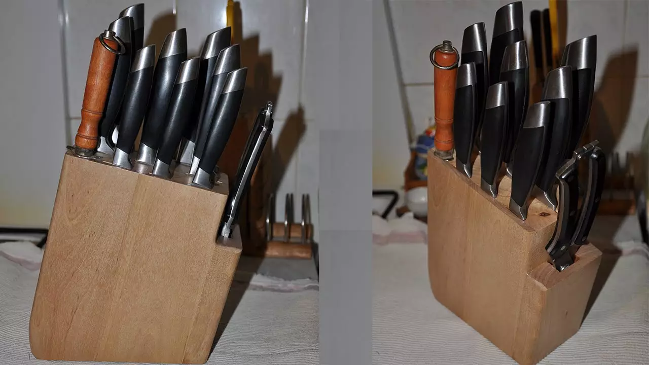 לעמוד על סכינים עם הידיים שלך (27 תמונות): איך לעשות עץ לעמוד עם מילוי ומחזיק מגנטי עבור סכיני מטבח? 25007_17