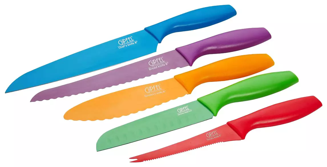 چاقو Gipfel: مجموعه چاقو مجموعه، امکانات برای مدل های آشپزخانه برای نان و پیتزا، تمیز کردن سبزیجات و مخازن کلم، بررسی مشتری 25008_8