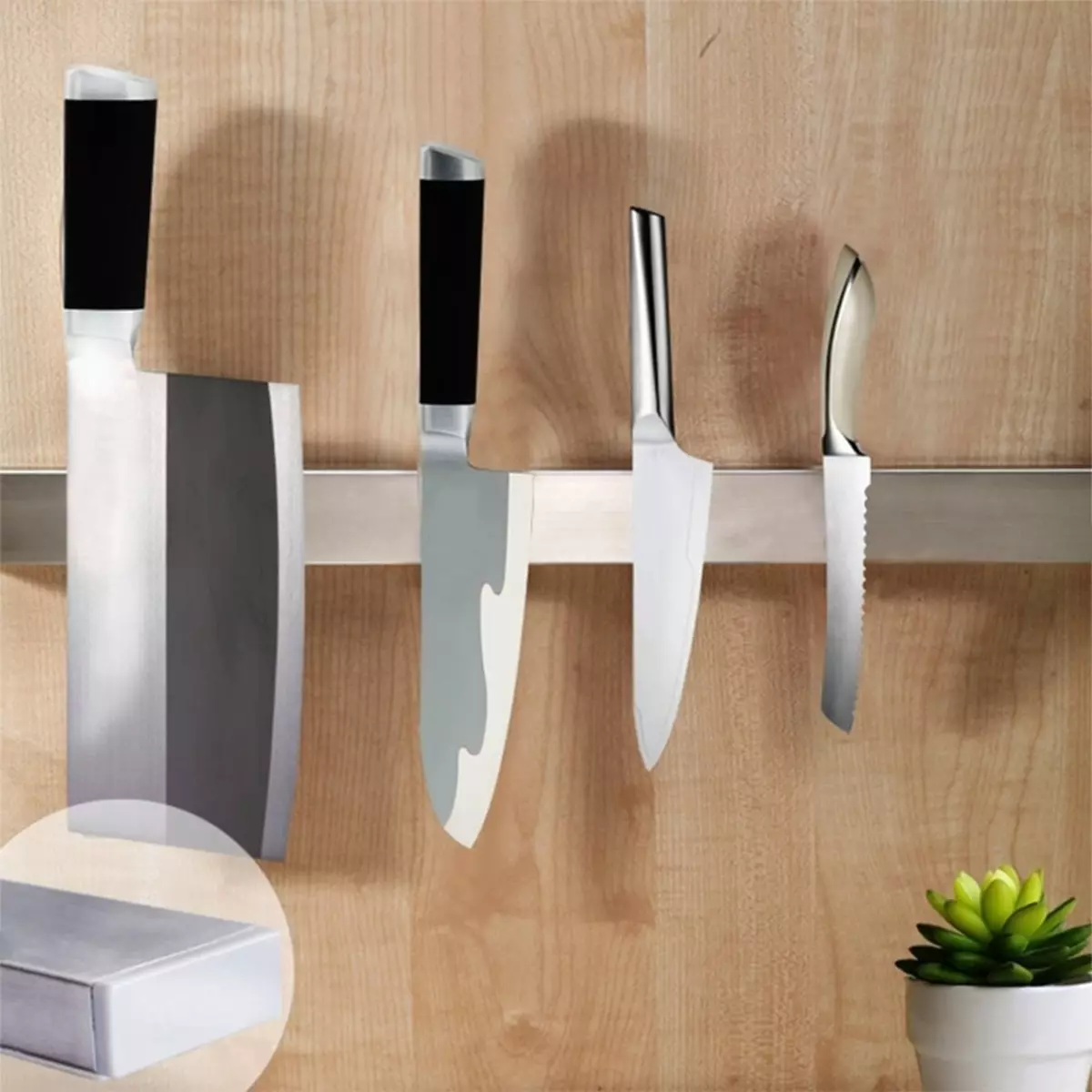 Držák magnetického nože (29 fotek): Jak si vybrat magnet na zdi? Jak správně zavěsit držáky zeď v kuchyni? 25009_22