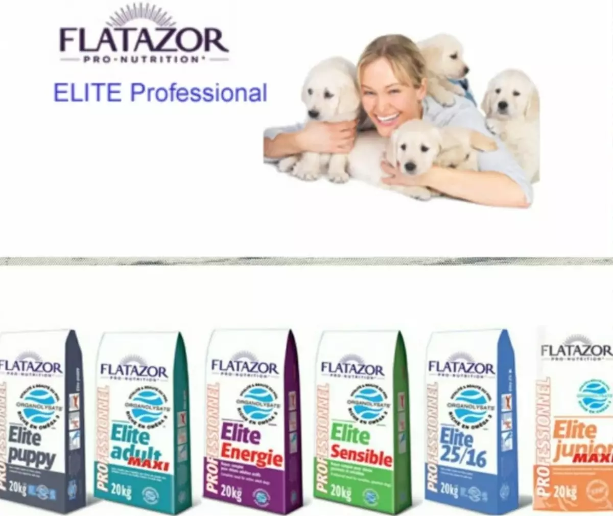 Flatazor Feed: För hundar och katter, för valpar av små och stora raser. Fransk torrmat 20 kg och en annan, sammansättning av foder med lamm 25045_3