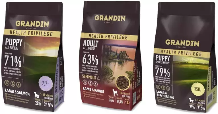 Toit koertele Grandin: Terviklik väikeste ja muude tõugude kutsikate, poollagunenud ja kuiva toidu kutsikate jaoks, konserveeritud toit. Sööda veiseliha ja teiste kompositsioonidega, ülevaateid 25061_11