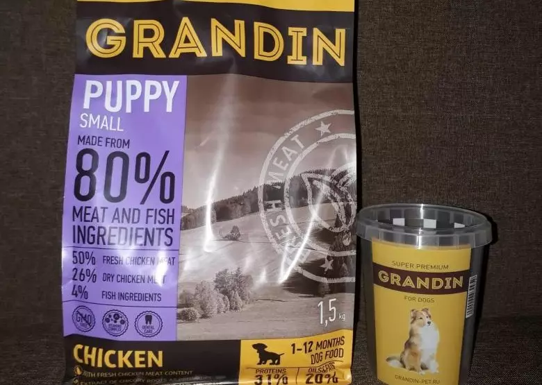 Храна за кучиња Грандин: Холистички за кученца на мали и други раси, полу-деградирана и сува храна, конзервирана храна. Се хранат со говедско и други композиции, осврти 25061_16
