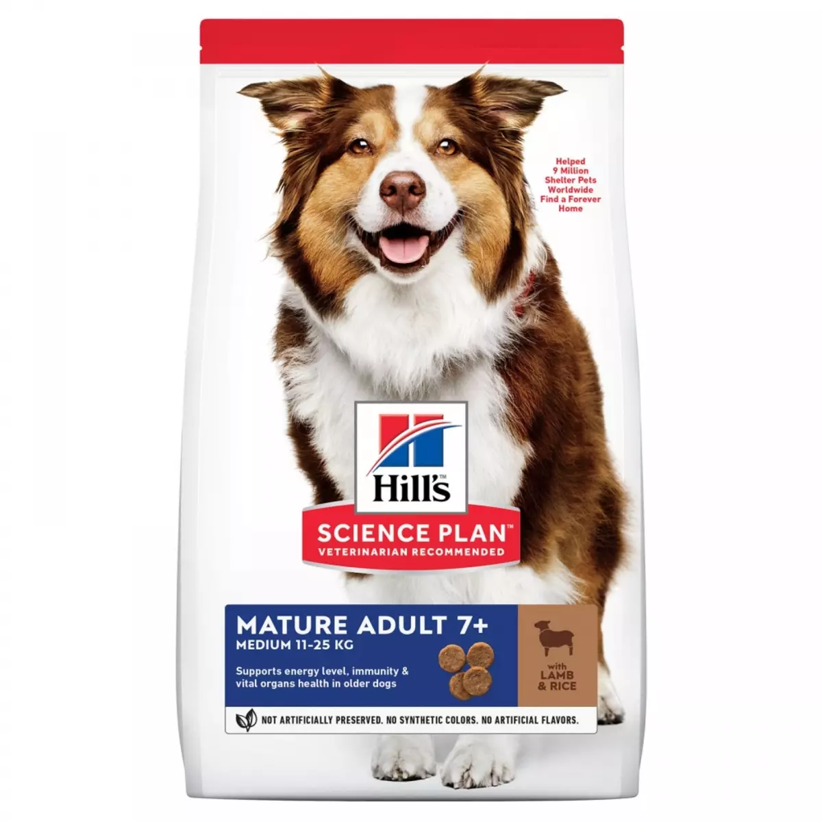 Alimentación del perro de Hill: para perros esterilizados y ancianos. La composición del perro se alimenta con un cordero para razas grandes y medianas, se alimenta de arroz y otros. Comentarios 25063_12