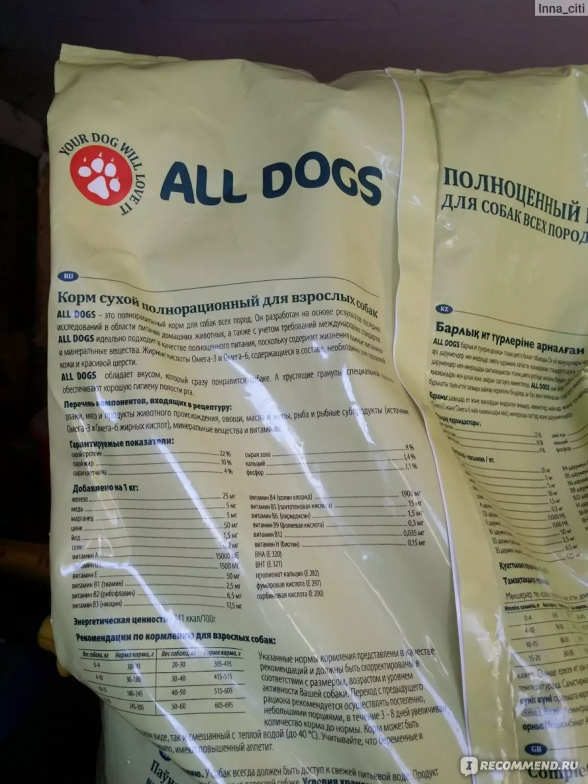 Nourriture pour chiens Tous Chiens: Composition, Pays alimentaires secs de 20 kg, pour chiots et adultes, critiques 25067_15