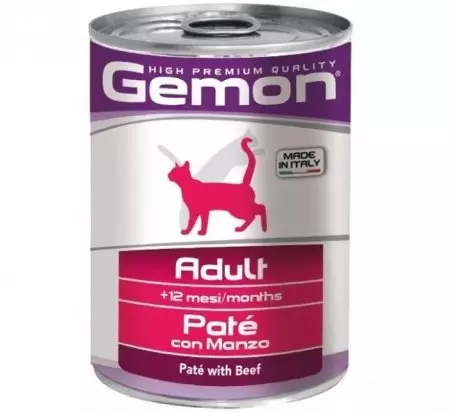 Feed Gemon: Komposisi pakan kering dan basah, makanan kaleng dengan salmon dan nasi, parsheet dengan domba, dewasa kucing lengkap dan pakan produsen lainnya 25075_10