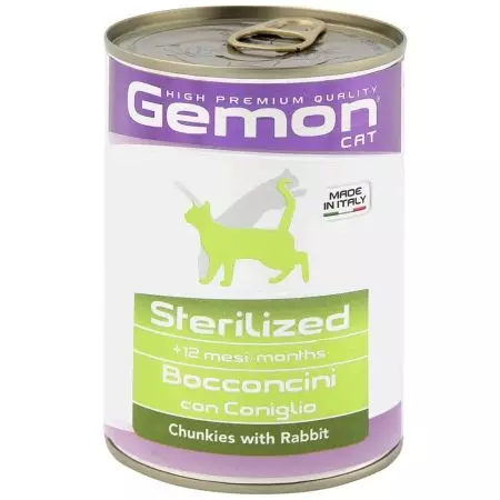 Feed Gemon: Komposisi pakan kering dan basah, makanan kaleng dengan salmon dan nasi, parsheet dengan domba, dewasa kucing lengkap dan pakan produsen lainnya 25075_11