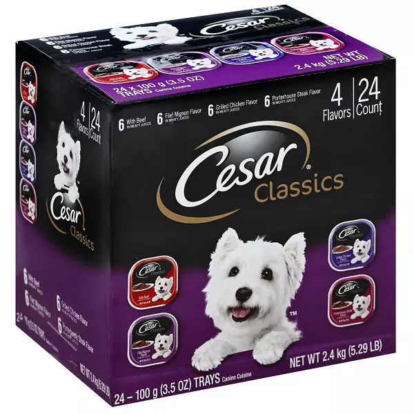 Dog Feed Cesar: në çanta dhe në banka, ushqim të lagësht dhe të thatë dhe përbërjen e tyre, ushqimin e qenve për qentë të rritur dhe puppies. Shqyrtime Shqyrtime 25082_12