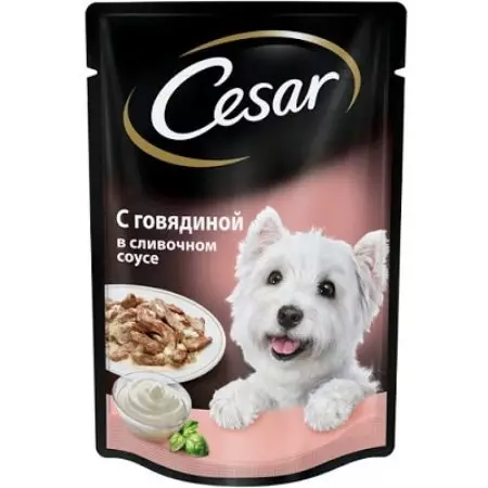 Cesar Dog Feed: сөмкелерде және банктерде, ылғалды және құрғақ тағамдарда және олардың құрамында ересек иттер мен күшіктер үшін ит тағамдары. Шолу шолулары 25082_18