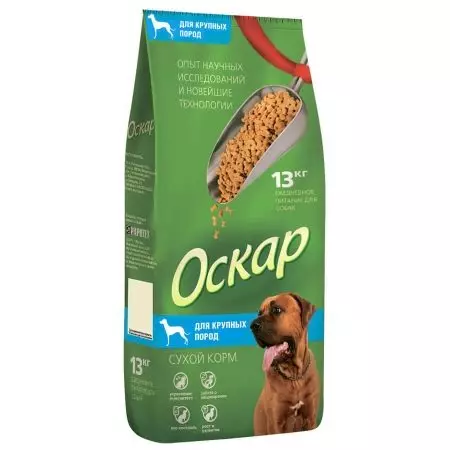Feed di Oscar: per cani, cuccioli e gatti. Cibo secco e umido, la loro composizione. Produttore di cibo per cani per cani attivi di razze di grandi dimensioni e altri, recensioni 25097_13