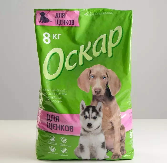 Feed Oscar: Dành cho chó, chó con và mèo. Thực phẩm khô và ướt, thành phần của chúng. Nhà sản xuất thức ăn cho chó cho những con chó hoạt động của các giống lớn và những người khác, đánh giá 25097_3