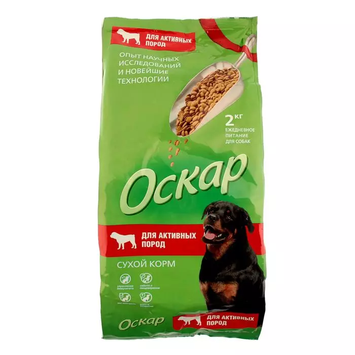 Oscar takarmány: kutyáknak, kölyköknek és macskáknak. Száraz és nedves étel, összetételük. Kutyaeledel gyártója a nagy fajták és mások aktív kutyáihoz, vélemények 25097_5