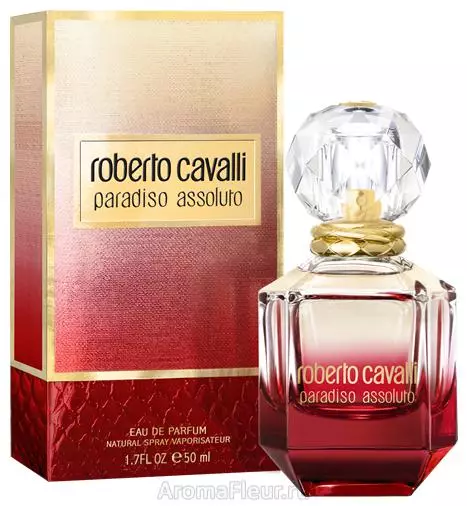 Perfume Roberto Cavalli: Perfume ya Wanawake, tu Cavalli na maji mengine ya toilette, Aromas Roberto Cavalli Eau de Parfum, Paradiso na Acqua 25296_3