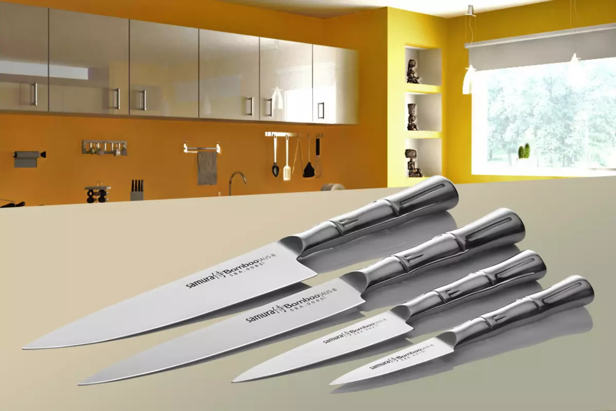 Σαμουρά μαχαίρια (35 φωτογραφίες): Σετ από ιαπωνικά μαχαίρια κουζίνας, Δαμασκό σεφ και κεραμικά μοντέλα κουζίνας, γωνία ακόνισμα εργαλείων 25370_2