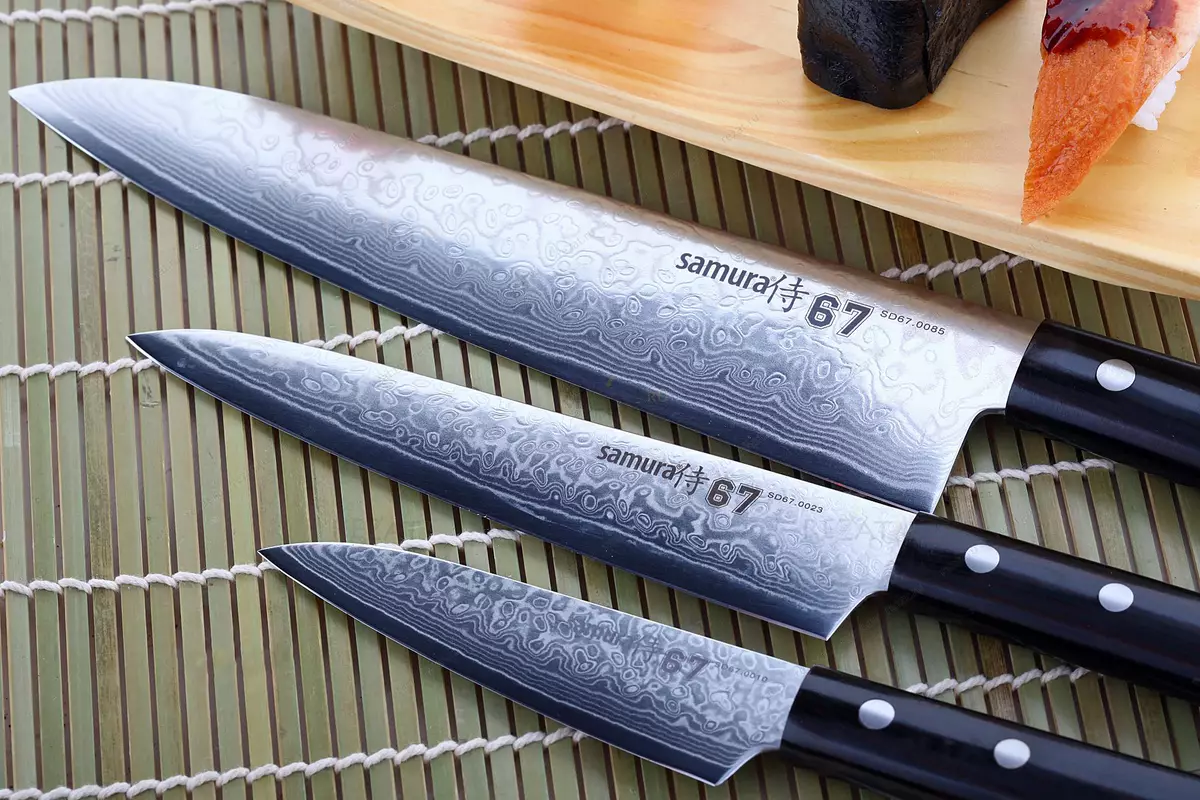 Ножі Samura (35 фото): набори японських кухонних ножів, шеф-ніж Damascus і керамічні моделі для кухні, кут заточки інструментів 25370_34
