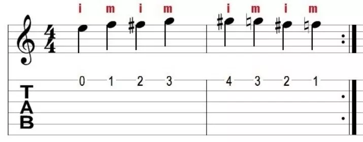 Latihan untuk gitar: untuk pemula, latihan gitar untuk permainan kanan dan kiri, pemanasan 25482_13
