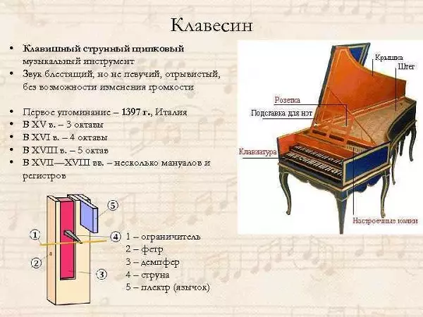 Harpsian (34 Fotoen): Beschreiwung vum String musikaleschen Instrument. Tastatur, Toun an Apparat. Kleng an aner Varietéiten vu klassescher Tools 25573_19