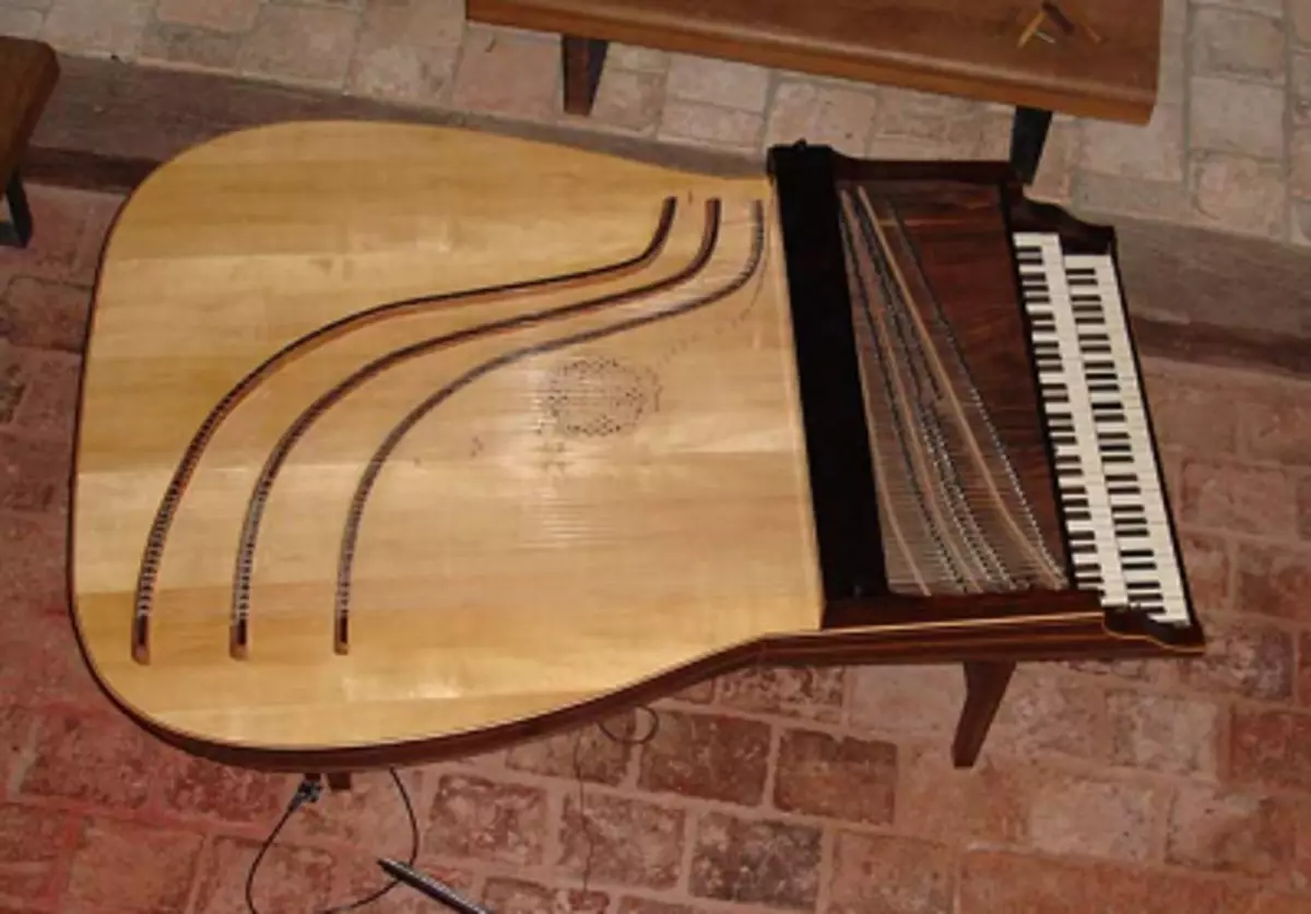 Harpsian (34 Fotoen): Beschreiwung vum String musikaleschen Instrument. Tastatur, Toun an Apparat. Kleng an aner Varietéiten vu klassescher Tools 25573_22