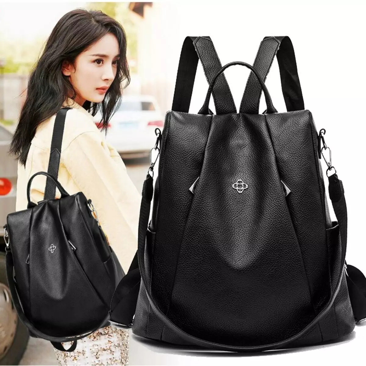 Fekete hátizsákok (75 fotó): Női modellek, kis és nagy, hátizsák táskák és divatos rendes lánc hátizsákok, felirattal és monofonikus 2567_75