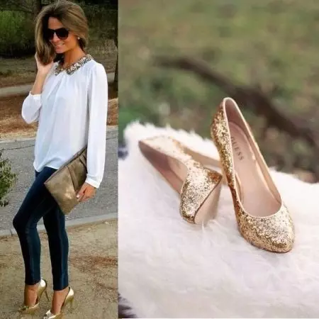 Zelta kurpes (46 fotogrāfijas): ko valkāt zelta krāsu sieviešu apavus, ar kādām zeķubiksēm, lai apvienotu 2570_4