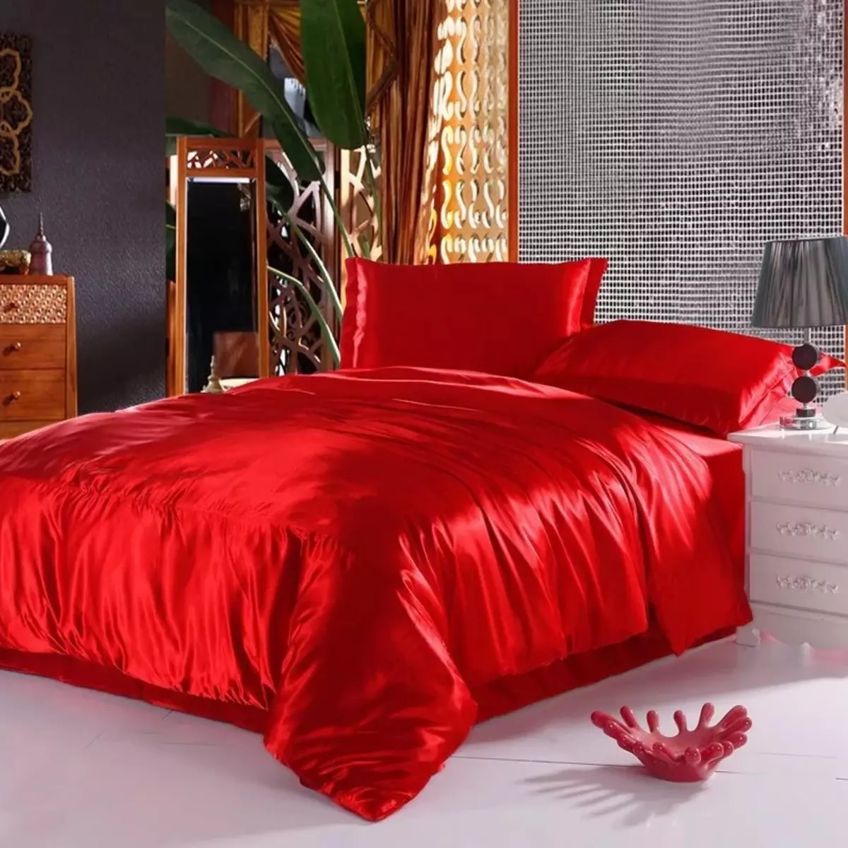 Satenski posteljnino: črni atlas in rdeče, bele, bele in druge komplete s čipko in brez 25908_21