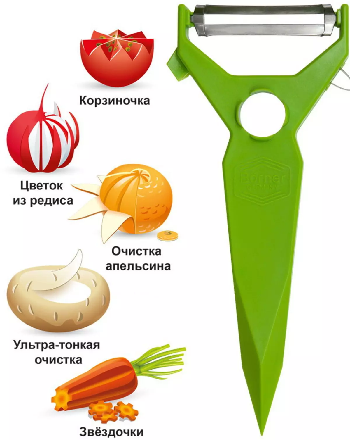 Légumes (39 photos): couteaux manuels pour nettoyage de légumes et de légumes électriques, caractéristiques des modèles Borner, Victorinox et autres fabricants 25928_22