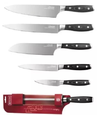 چاقو Rondell: 3 اور 6 اشیاء کے لئے باورچی خانے کے چاقو کا ایک سیٹ کیسے منتخب کریں؟ ماڈل Espada، Falkata اور دیگر کے جائزہ. روٹی اور دیگر کے لئے کوک بورڈز کی خصوصیات 25947_14
