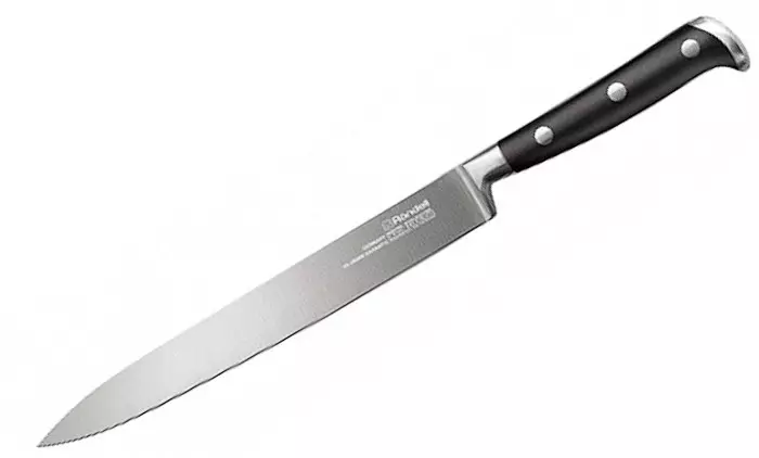 چاقو Rondell: 3 اور 6 اشیاء کے لئے باورچی خانے کے چاقو کا ایک سیٹ کیسے منتخب کریں؟ ماڈل Espada، Falkata اور دیگر کے جائزہ. روٹی اور دیگر کے لئے کوک بورڈز کی خصوصیات 25947_9