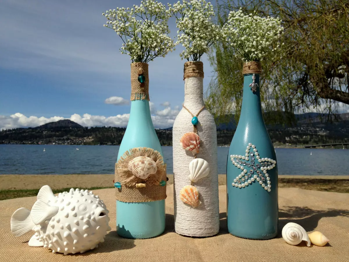 Butelki wystrój: Piękna dekoracja szklanych butelek wina z własnymi rękami, dekoracja z sznurkiem i rajstopami, dla mężczyzny i kobiety 25995_6