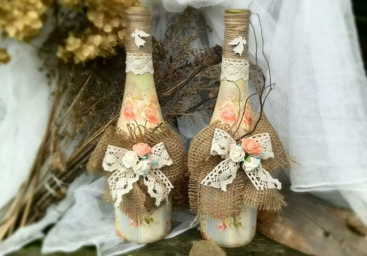 Pudelid Decor: Ilus kaunistamiseks klaaspudelite veini oma kätega, kaunistamiseks niidi ja sukkpüksiga, mehe ja naise jaoks 25995_76