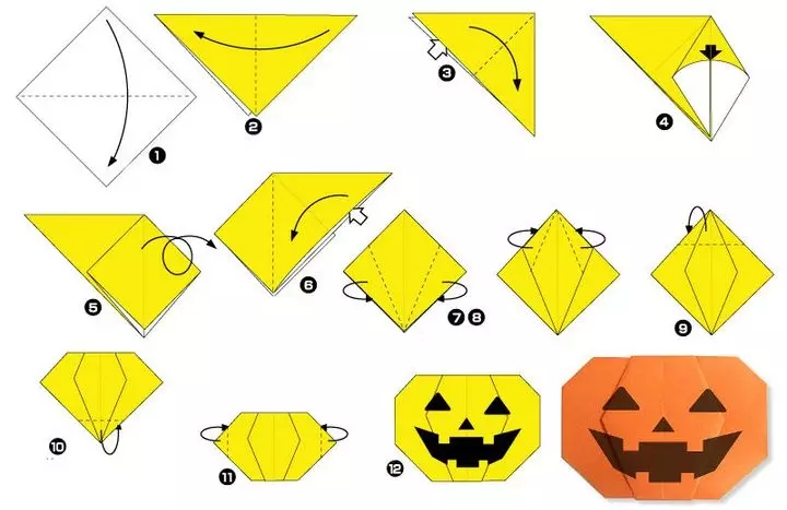 Origami a Halloweenen: Hogyan lehet őket tenni az A4-es Papírból? Ijesztő szellemek és pókok, könnyű rendszerek sütőtök létrehozására kezdőknek, más kézműveseknek 26015_10