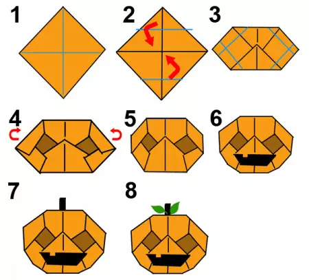 Origami en Halloween: Cómo fabricar a partir de las etapas A4 de papel? fantasmas y arañas de miedo, esquemas de luz para crear calabazas para principiantes, Otras artesanías 26015_12