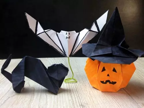 Origami on Halloween: Meriv çawa wan ji qonaxên A4-ê çêbikin? Ghosts û spiderên tirsnak, nexşeyên ronahiyê ji bo afirandina pompkins ji bo destpêkên, pîşeyên din 26015_6