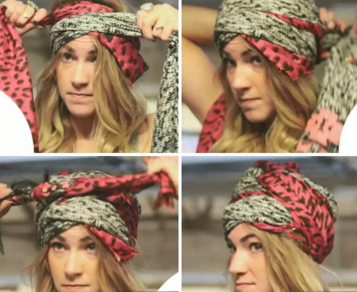Como facer un chalm dun pano? 46 Foto Como amarrar unha bufanda en forma de turbante na cabeza coas túas propias mans? Réximes paso a paso para mulleres 2617_17