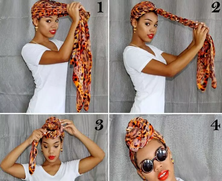 Hogyan készítsünk egy Chalmot egy zsebkendőjéről? 46 Fotó Hogyan kötözzen egy sálat egy turbán formájában a fejedben? Step-by-step sémák a nők számára 2617_20