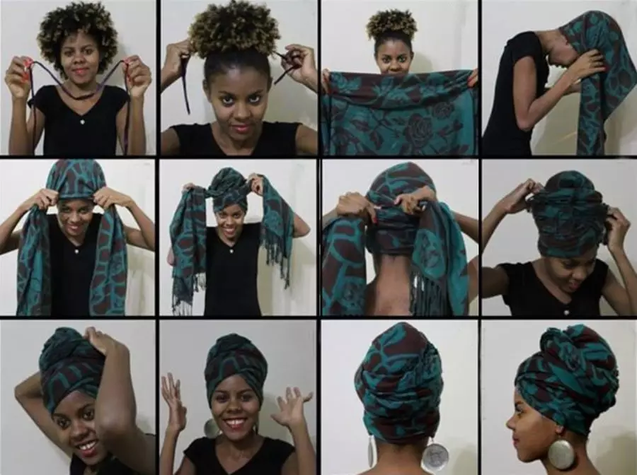 Hogyan készítsünk egy Chalmot egy zsebkendőjéről? 46 Fotó Hogyan kötözzen egy sálat egy turbán formájában a fejedben? Step-by-step sémák a nők számára 2617_22
